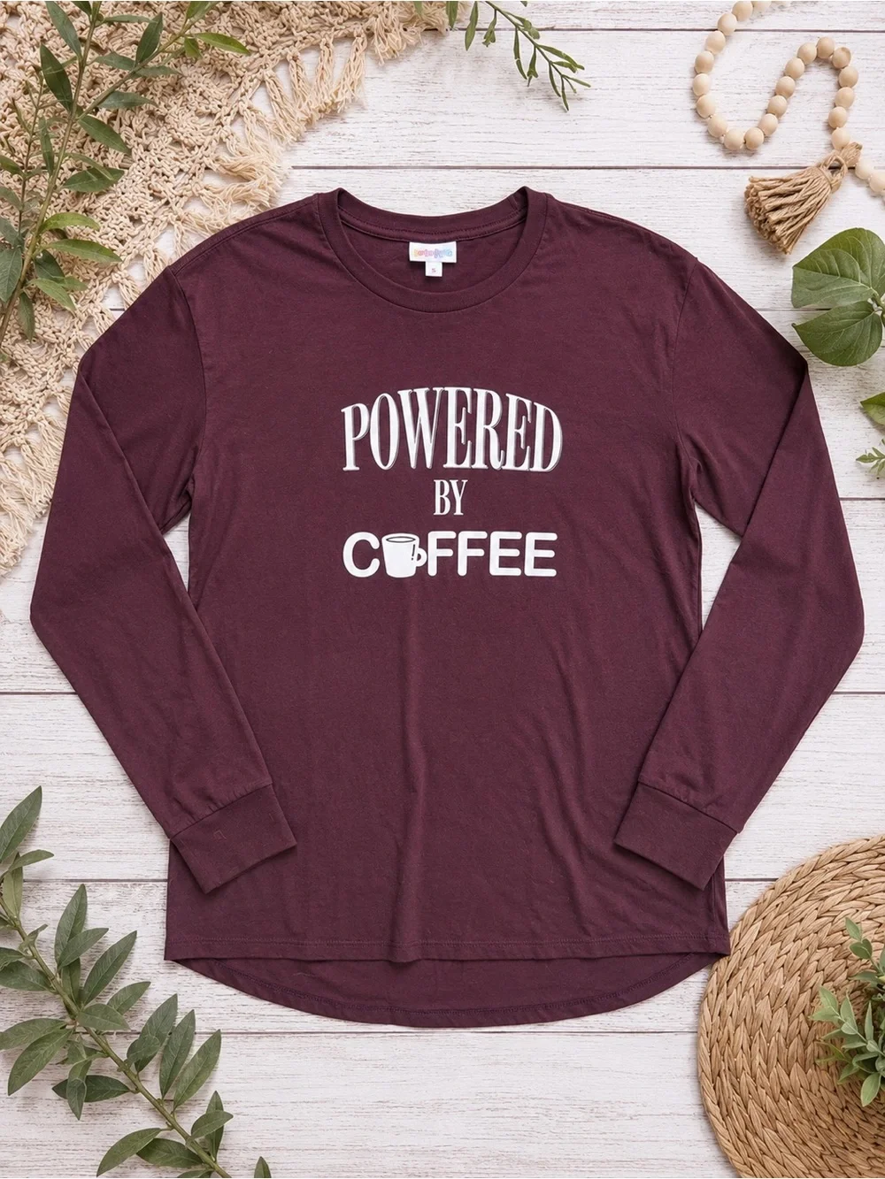 LuLaRoe Hudson Long Sleeve Tee Small “Powered by Coffee” Graphic Super Soft - Picture 1 of 7